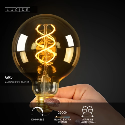 Lucide G95 - Ampoule filament - Ø 9,5 cm - LED Dim. - E27 - 1x4,9W 2200K - Ambre - USP
